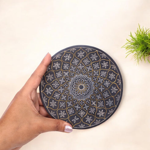 Black Decorative Plate - Bidri Art - Silver Inlay Work
