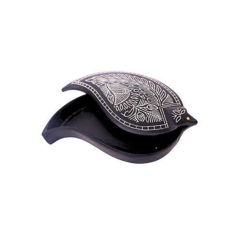 Black Kumkum Box - Bidri Art - Silver Inlay Work