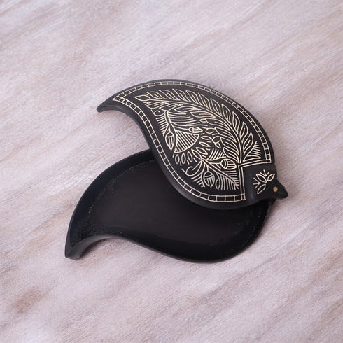 Black Kumkum Box - Bidri Art - Silver Inlay Work