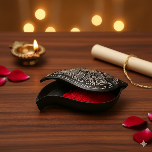 Black Kumkum Box - Bidri Art - Silver Inlay Work