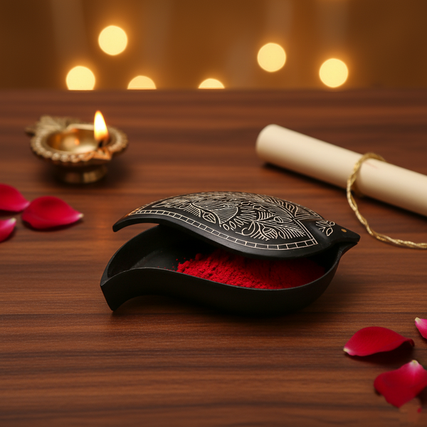 Black Kumkum Box - Bidri Art - Silver Inlay Work