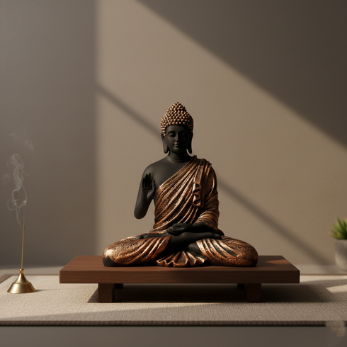 Black Matte Finish Buddha Statue with Copper Robe - Spiritual Home Decor