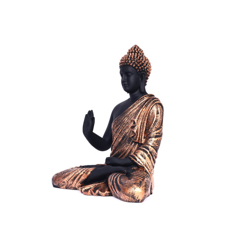 Black Matte Finish Lord Buddha Statue—Copper Drapery Details