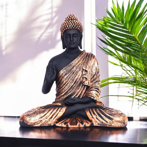 Black Matte Finish Lord Buddha Statue—Copper Drapery Details
