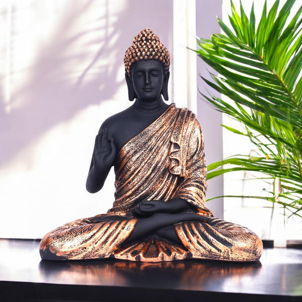 Black Matte Finish Lord Buddha Statue—Copper Drapery Details