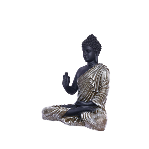 Black Matte Finish Lord Buddha Statue—Green and Grey Drapery Details