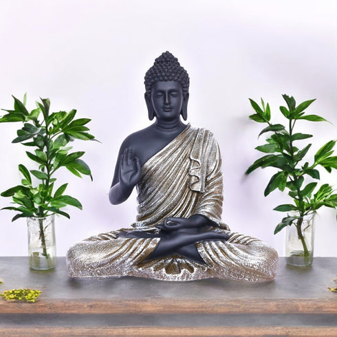 Black Matte Finish Lord Buddha Statue—Green and Grey Drapery Details
