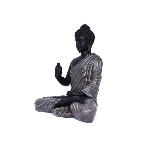 Black Matte Finish Lord Buddha Statue—Greyish Brown Drapery Details