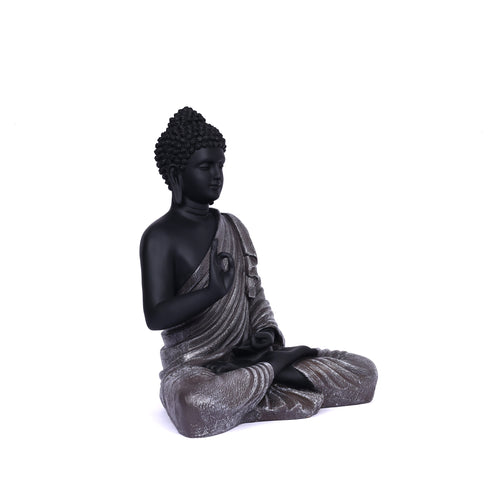 Black Matte Finish Lord Buddha Statue—Greyish Brown Drapery Details