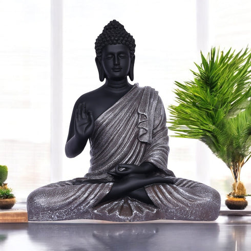 Black Matte Finish Lord Buddha Statue—Greyish Brown Drapery Details