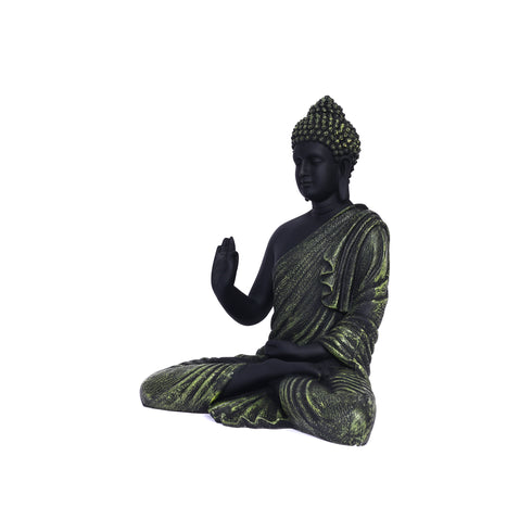 Black Matte Finish Lord Buddha Statue—Olive Green Drapery Details