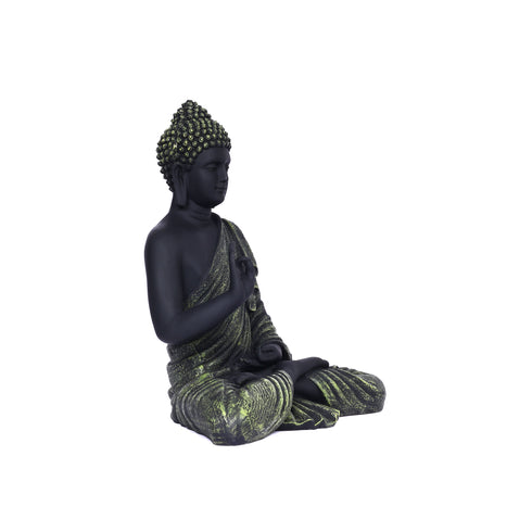Black Matte Finish Lord Buddha Statue—Olive Green Drapery Details