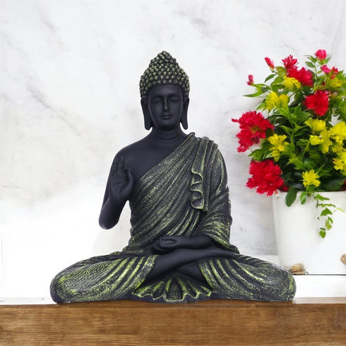 Black Matte Finish Lord Buddha Statue—Olive Green Drapery Details