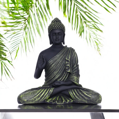 Black Matte Finish Lord Buddha Statue—Olive Green Drapery Details
