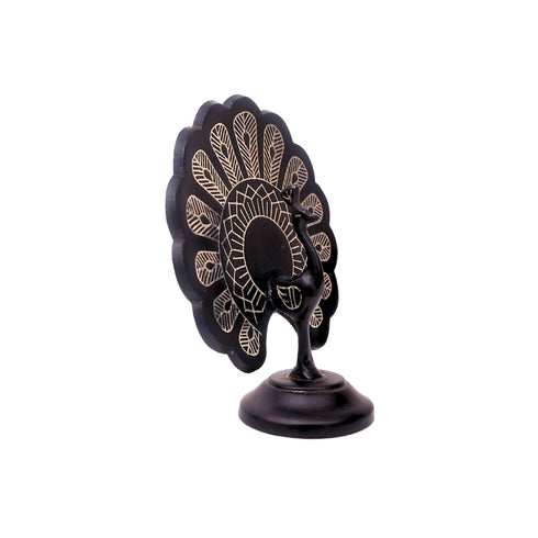 Black Peacock Showpiece - Bidri Art - Silver Inlay Work