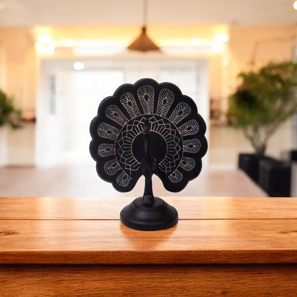 Black Peacock Showpiece - Bidri Art - Silver Inlay Work