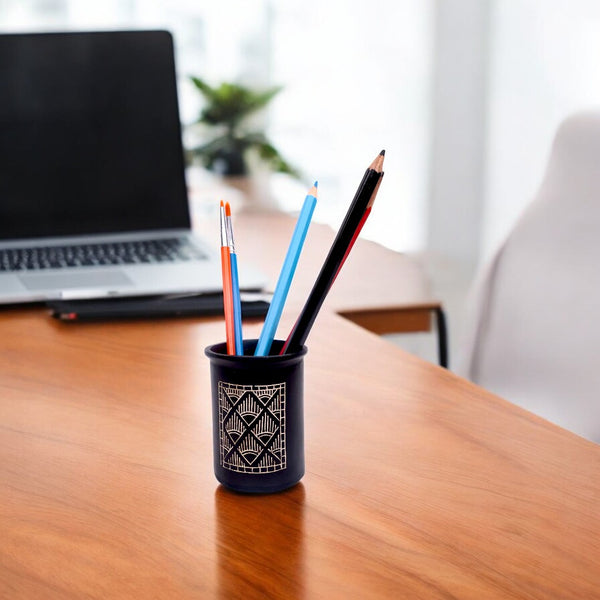 Black Pen Stand - Bidri Art - Silver Inlay Work