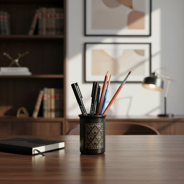 Black Pen Stand - Bidri Art - Silver Inlay Work