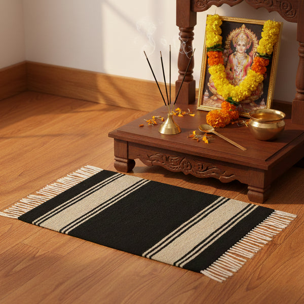 Black and Beige Stripped Pooja Aasan – Handcrafted Jawaja Wool Pooja Aasan