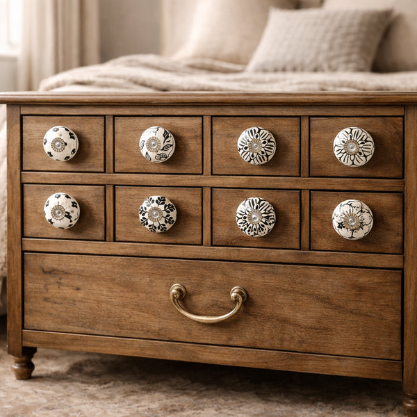 Black and White Handcrafted and Hand painted Ceramic Knob