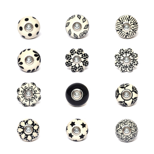 Black and White Handcrafted and Hand painted Ceramic Knobs—Round and Melon Shaped—Set of 12—Abstract Design