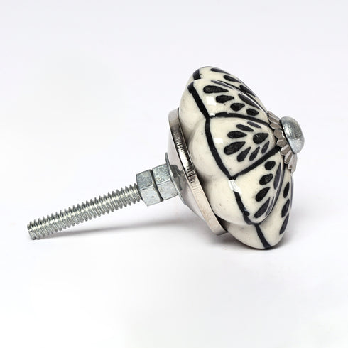 Black and White Handcrafted and Hand painted Ceramic Knobs—Round and Melon Shaped—Set of 12—Abstract Design