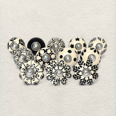 Black and White Handcrafted and Hand painted Ceramic Knobs—Round and Melon Shaped—Set of 12—Abstract Design