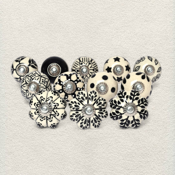 Black and White Handcrafted and Hand painted Ceramic Knobs—Round and Melon Shaped—Set of 12—Abstract Design