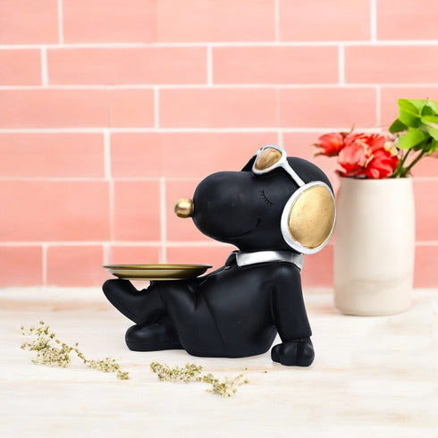 Black and gold Dog Figurine with plate