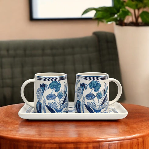 Blue Ceramic Cup set with a tray
