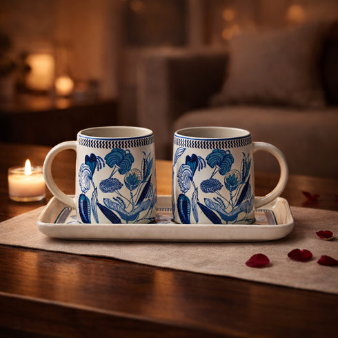 Blue Ceramic Cup set with a tray