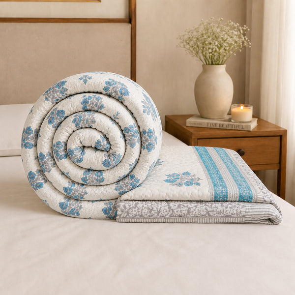 Blue Floral Mul Cotton Handmade Razai – Hand Block Print