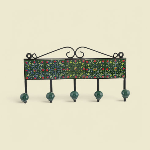 Blue Pottery Decorative Key Holder—Green—5 Hooks