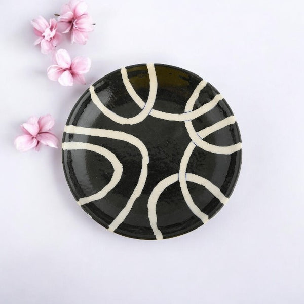 Blue Pottery Geometric Pattern Decorative Plate—Black & White—6”