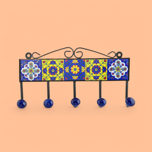 Blue Pottery Decorative Key Holder—Yellow & Blue—5 Hooks