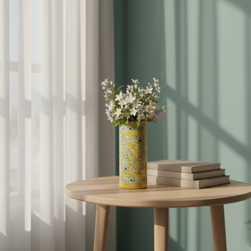 Blue Pottery Decorative Cylindrical Vase—Yellow