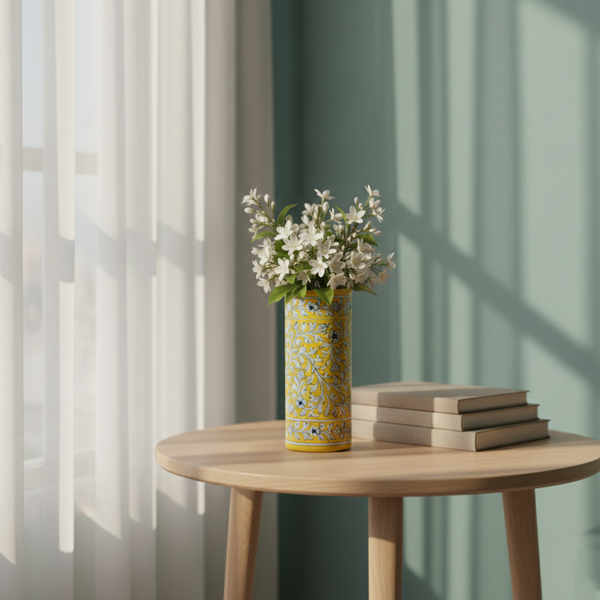Blue Pottery Decorative Cylindrical Vase—Yellow