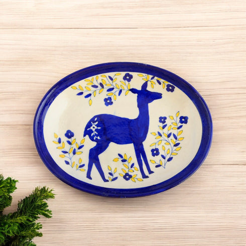 Blue Pottery Decorative Rice Plate—Reindeer Pattern—White and Blue