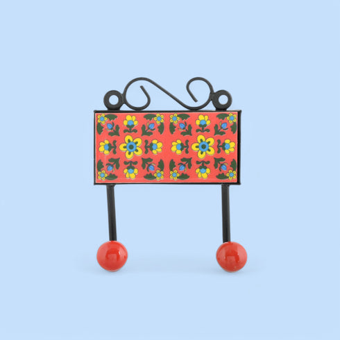 Blue Pottery Decorative Key Holder—Red—2 Hooks