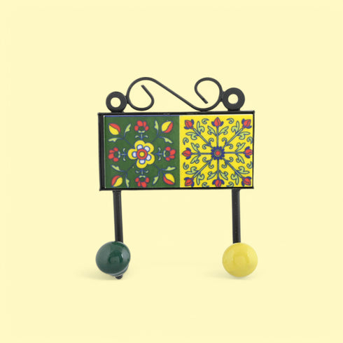 Blue Pottery Decorative Key Holder—Yellow & Green—2 Hooks