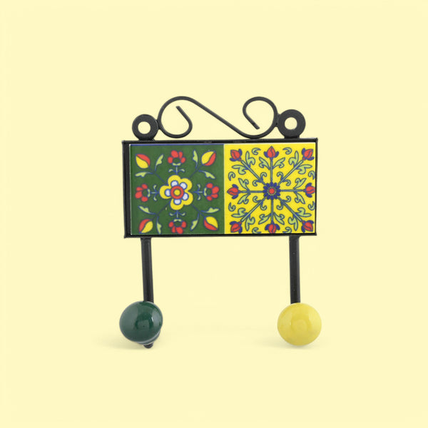 Blue Pottery Decorative Key Holder—Yellow & Green—2 Hooks