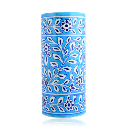 Blue Pottery Decorative Cylindrical Vase—Cyan