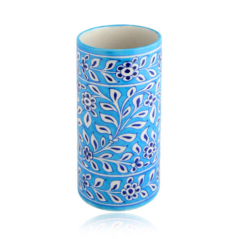 Blue Pottery Decorative Cylindrical Vase—Cyan