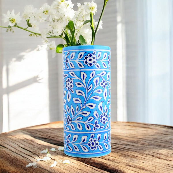 Blue Pottery Decorative Cylindrical Vase—Cyan