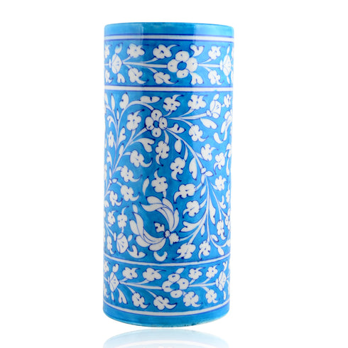 Blue Pottery Decorative Cylindrical Vase—Cyan Blue