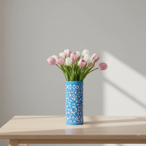 Blue Pottery Decorative Cylindrical Vase—Cyan Blue