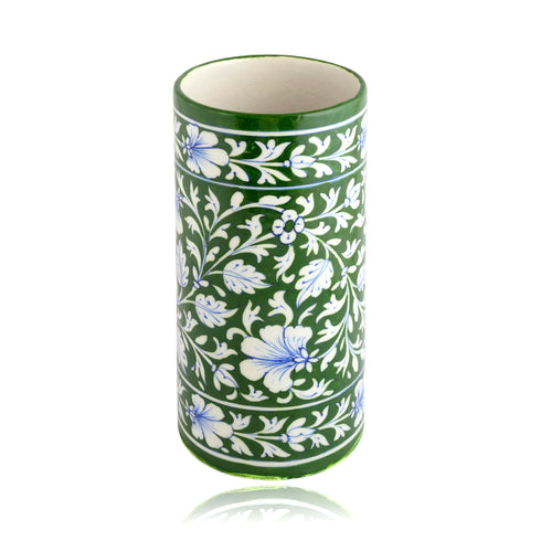 Blue Pottery Decorative Cylindrical Vase—Green
