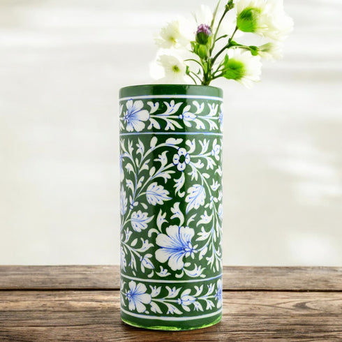 Blue Pottery Decorative Cylindrical Vase—Green