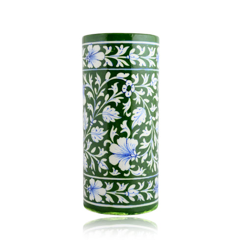 Blue Pottery Decorative Cylindrical Vase—Green
