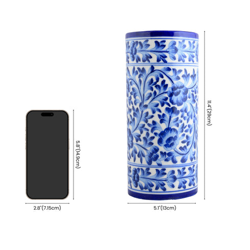 Blue Pottery Decorative Cylindrical Vase—White and Blue